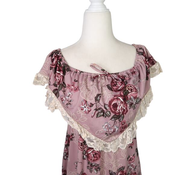 Vintage 70s mauve purple rose floral midi dress lace trim XS - Picture 2 of 6